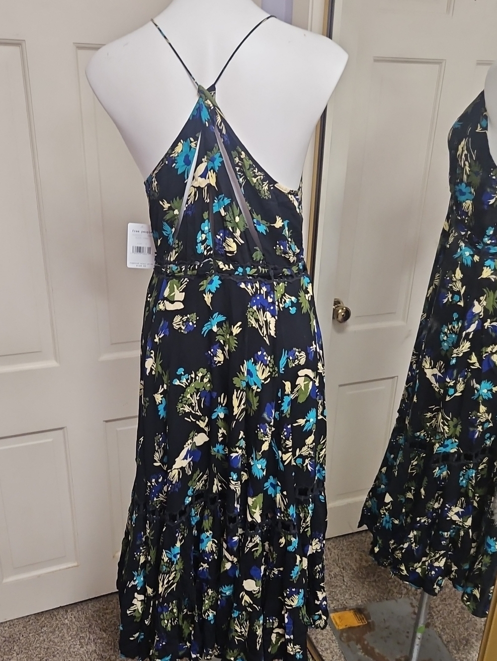 Free People Black Floral Backless Maxi Dress with Blue & Cream Accents - Picture 3 of 14